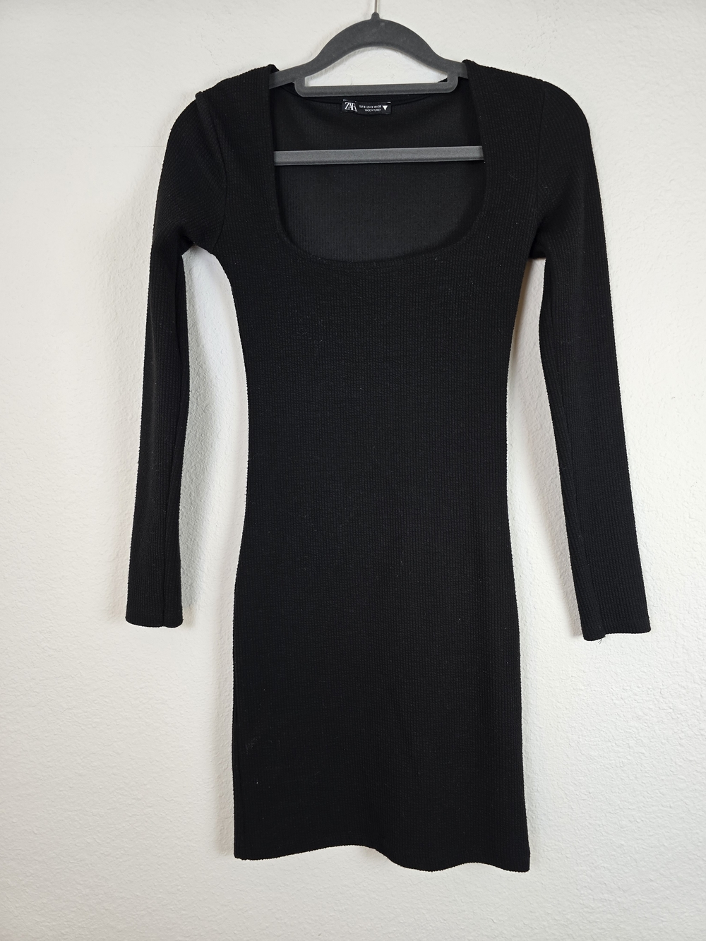 Zara Black Ribbed Square Neck Long Sleeve Bodycon Mini Dress S